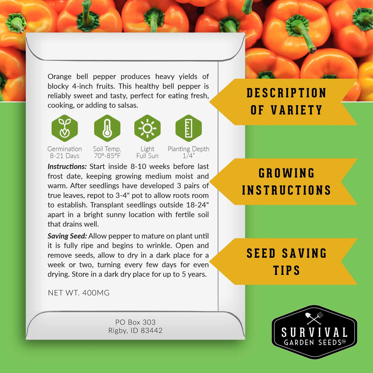 Orange bell pepper seed packet with growing instructions and survival garden seeds logo on a green background.
