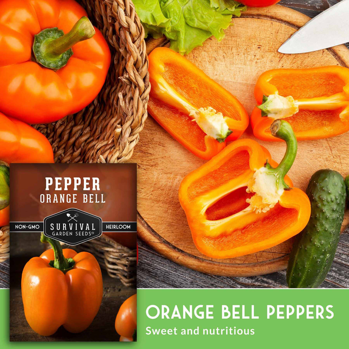 Orange bell peppers on a cutting board with a package of Survival Garden Seeds pepper seeds.