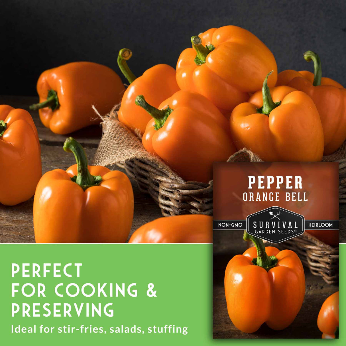 Orange bell peppers in a basket with a seed packet labeled 'Survival Garden Seeds' on a dark background.