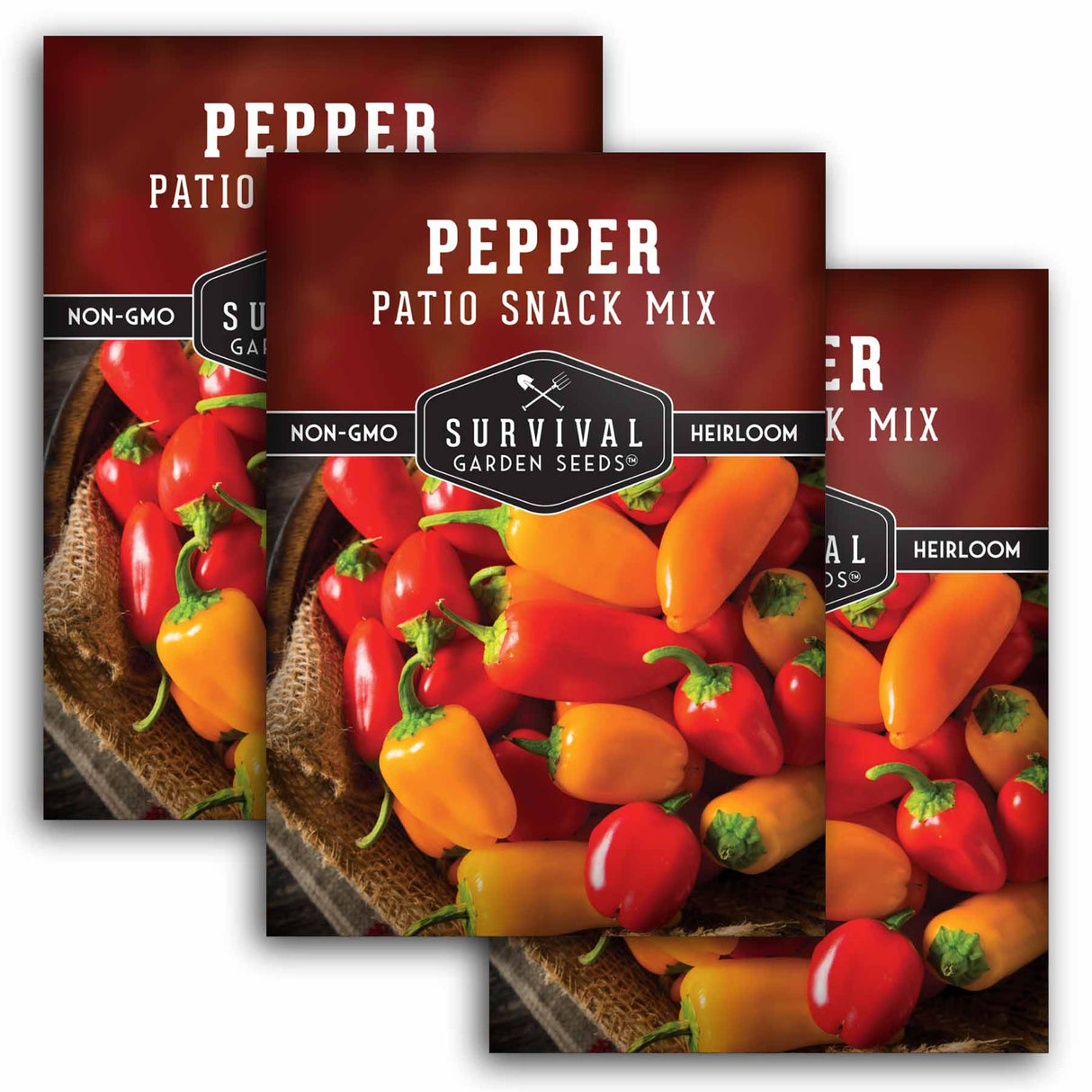 Three packages of Survival Garden Seeds Pepper Patio Snack Mix on a white background