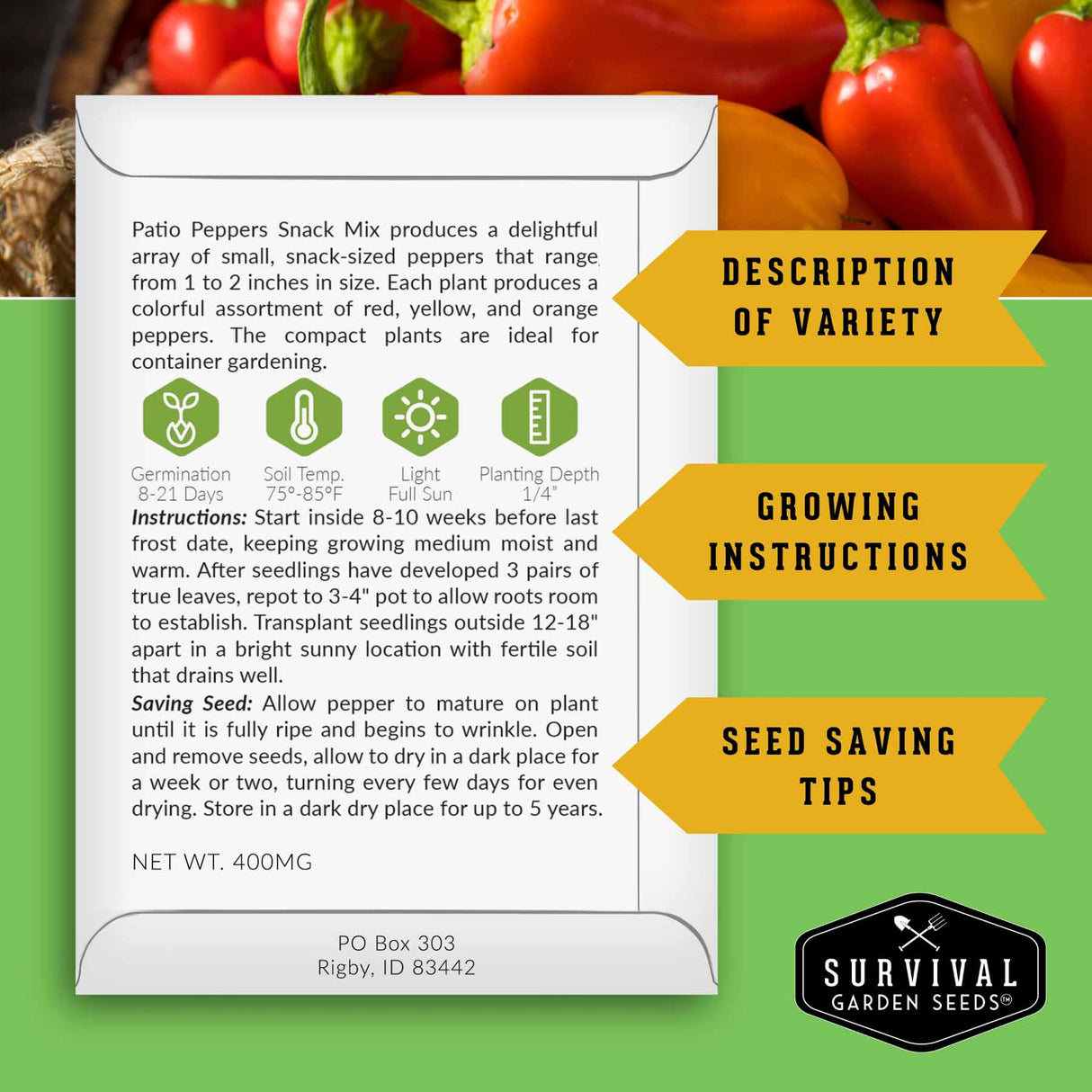 Survival Garden Seeds packaging for patio peppers with text and branding.
