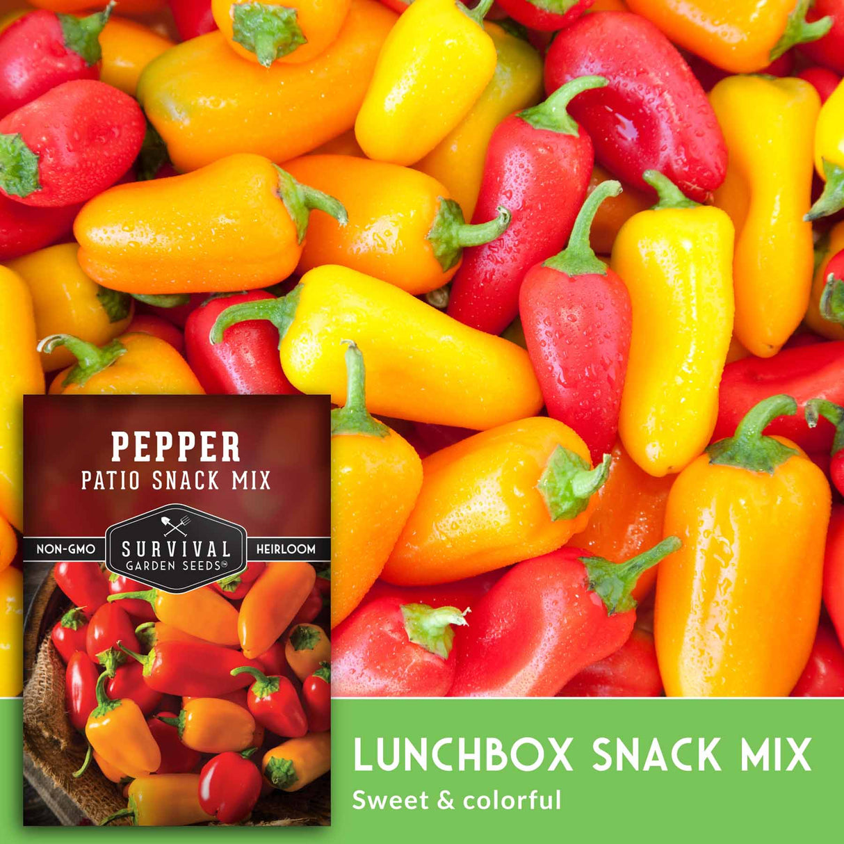 Colorful mini peppers with a package labeled 'Pepper Patio Snack Mix' on a green background.