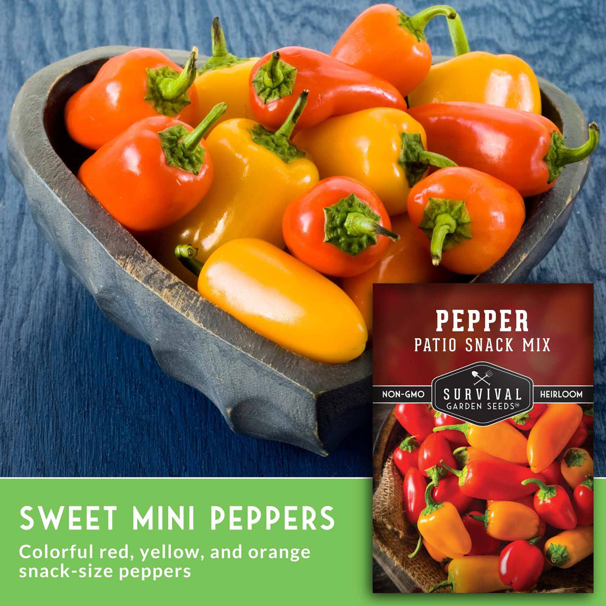 Bowl of colorful sweet mini peppers with a label for Survival Garden Seeds on a blue background