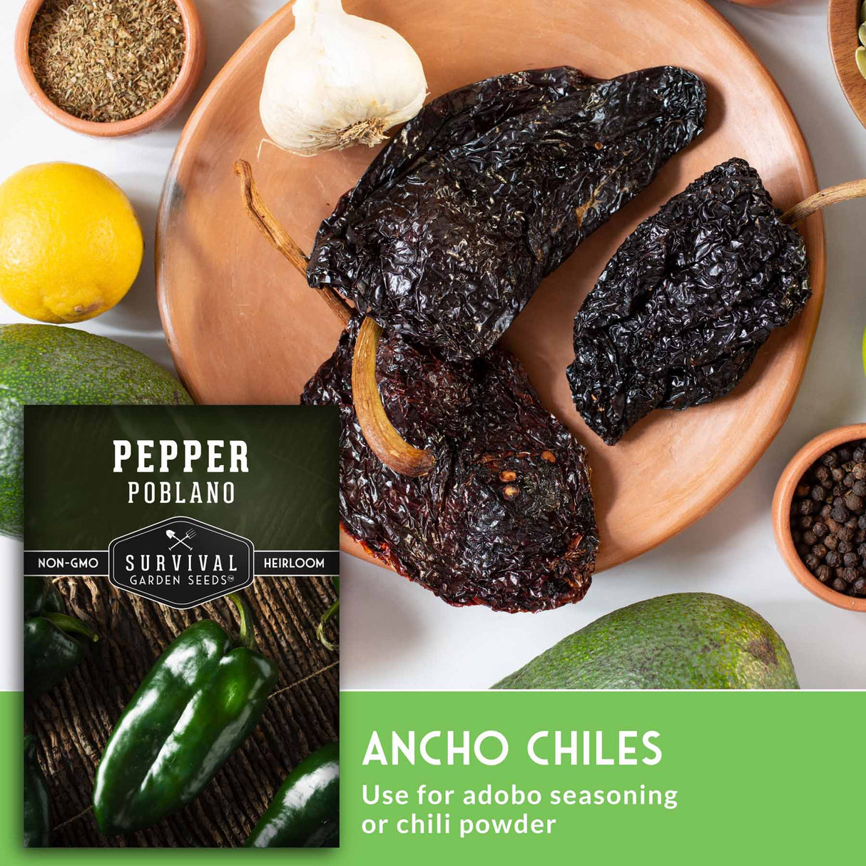 Ancho chiles on a plate with a label for Survival Garden Seeds Pepper Podlano
