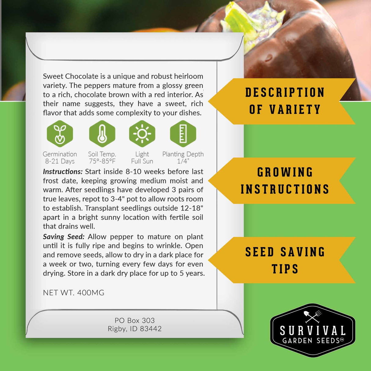 Survival Garden Seeds packaging with pepper variety information on a green background
