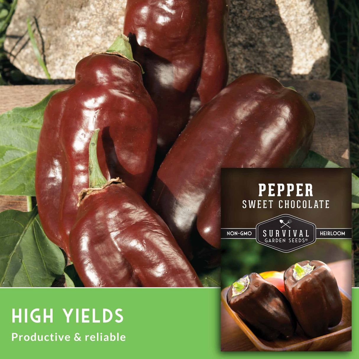 Sweet chocolate peppers with a label for Survival Garden Seeds on a green background