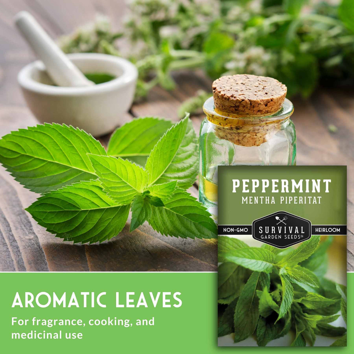 Peppermint leaves, a bottle of peppermint oil, and a seed packet on a wooden surface.