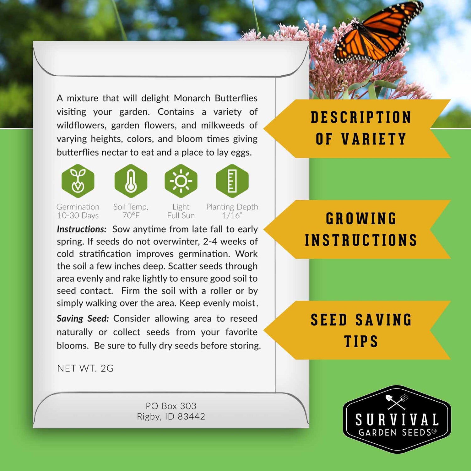 Survival Garden Seeds packaging with butterfly and flowers on a green background