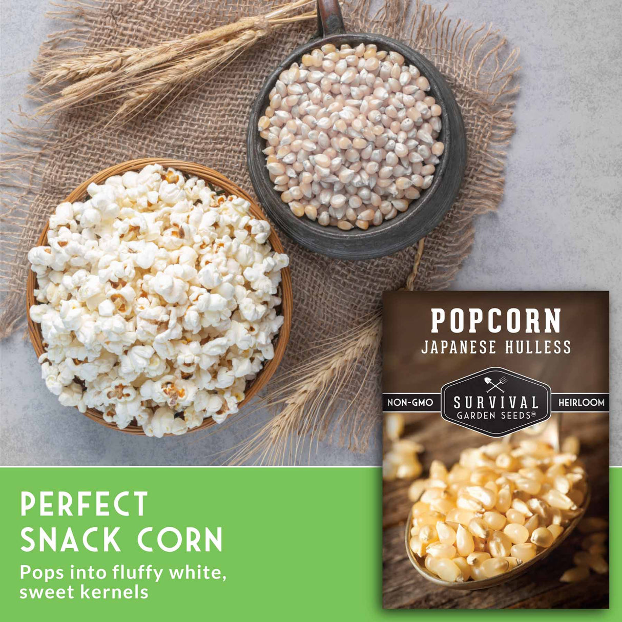 Popcorn kernels and popped popcorn in bowls with a package labeled 'Survival Garden Seeds' on a textured surface.