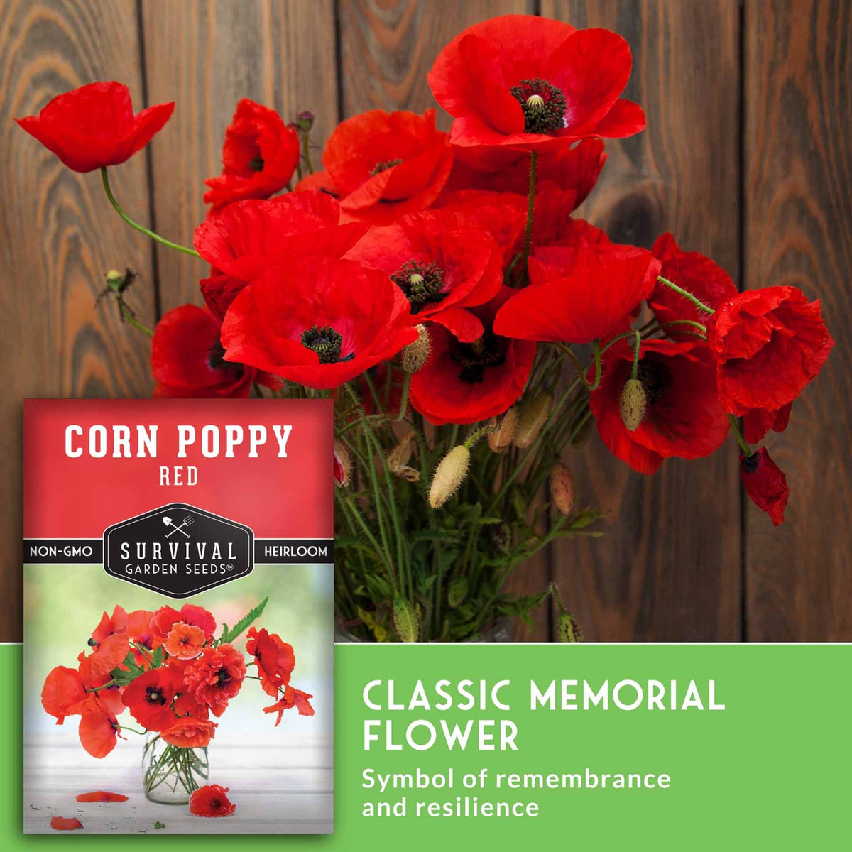 Bunch of red poppies with text that says Classic Memorial Flower