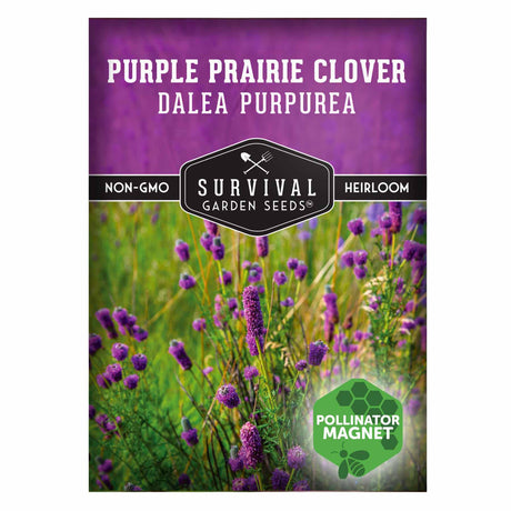 Purple Prairie Clover seed packet with branding and product details on a white background