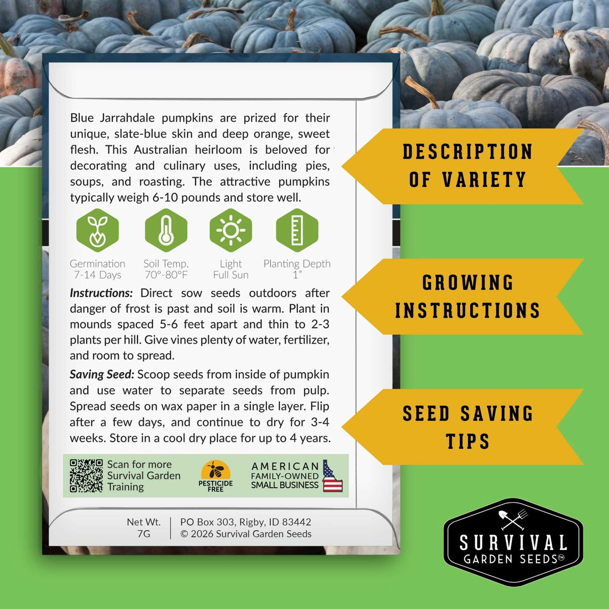 Survival Garden Seeds packaging for Blue Jarrahdale pumpkins with text and graphics.