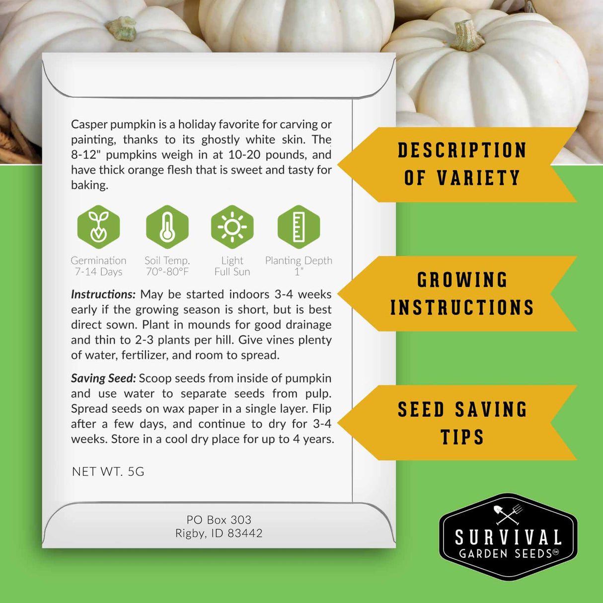 Survival Garden Seeds Casper pumpkin seed packet with growing instructions and seed saving tips on a green background.