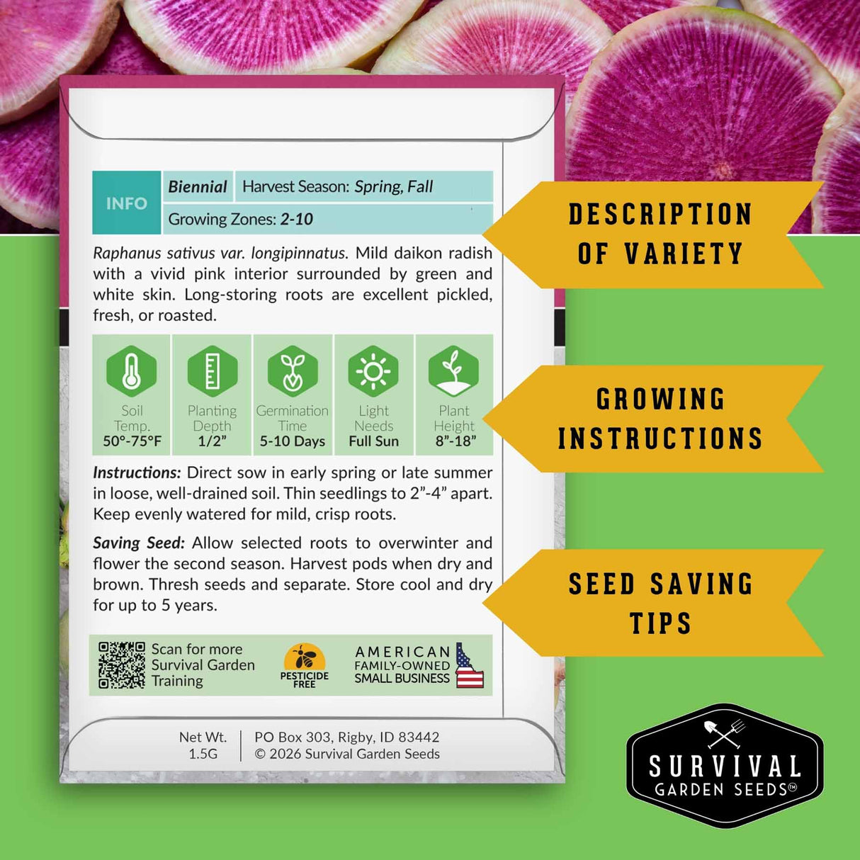 A seed-saving information card for Survival Garden Seeds, showing growing information, instructions, and tips, with a background of green zucchini flowers. Yellow callout arrows on the right read 'DESCRIPTION OF VARIETY', 'GROWING INSTRUCTIONS', and 'SEED SAVING TIPS'.