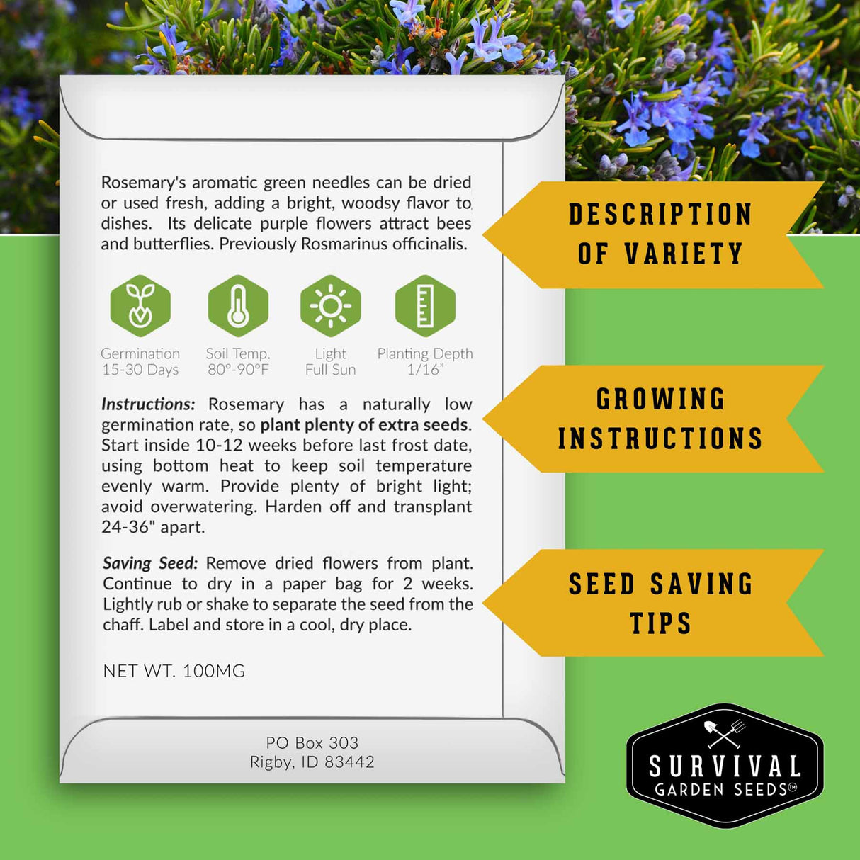 Survival Garden Seeds packaging with rosemary seed information on a green background with flowers.