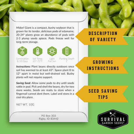 Survival Garden Seeds packaging for Midori Giant soybean seeds with text and branding.
