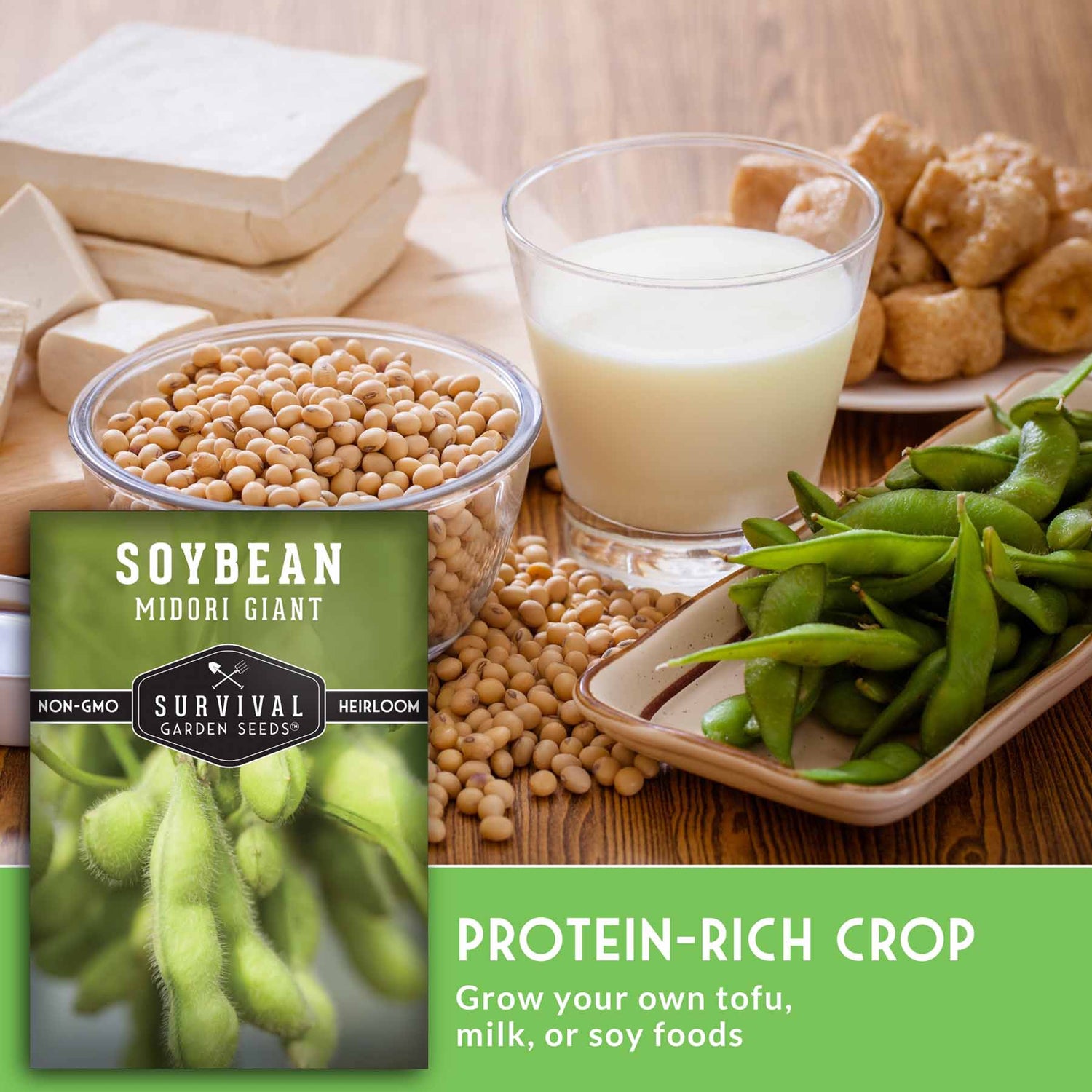 Soybean package with soybeans, tofu, and milk on a wooden table