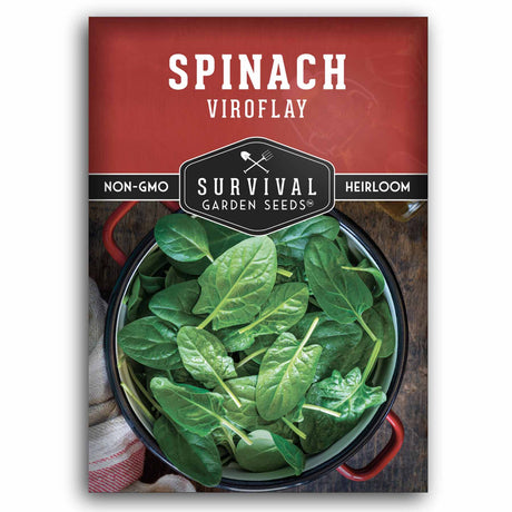Survival Garden Seeds spinach seed packet with a bowl of spinach leaves on a white background