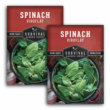 Two packages of Survival Garden Seeds Spinach Viroflay on a white background