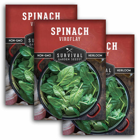 Three packages of Survival Garden Seeds spinach seeds on a white background