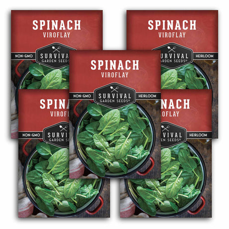 5 Spinach seed packets with brand name on a white background
