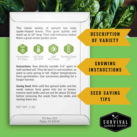 Survival Garden Seeds spinach seed packet with text and branding