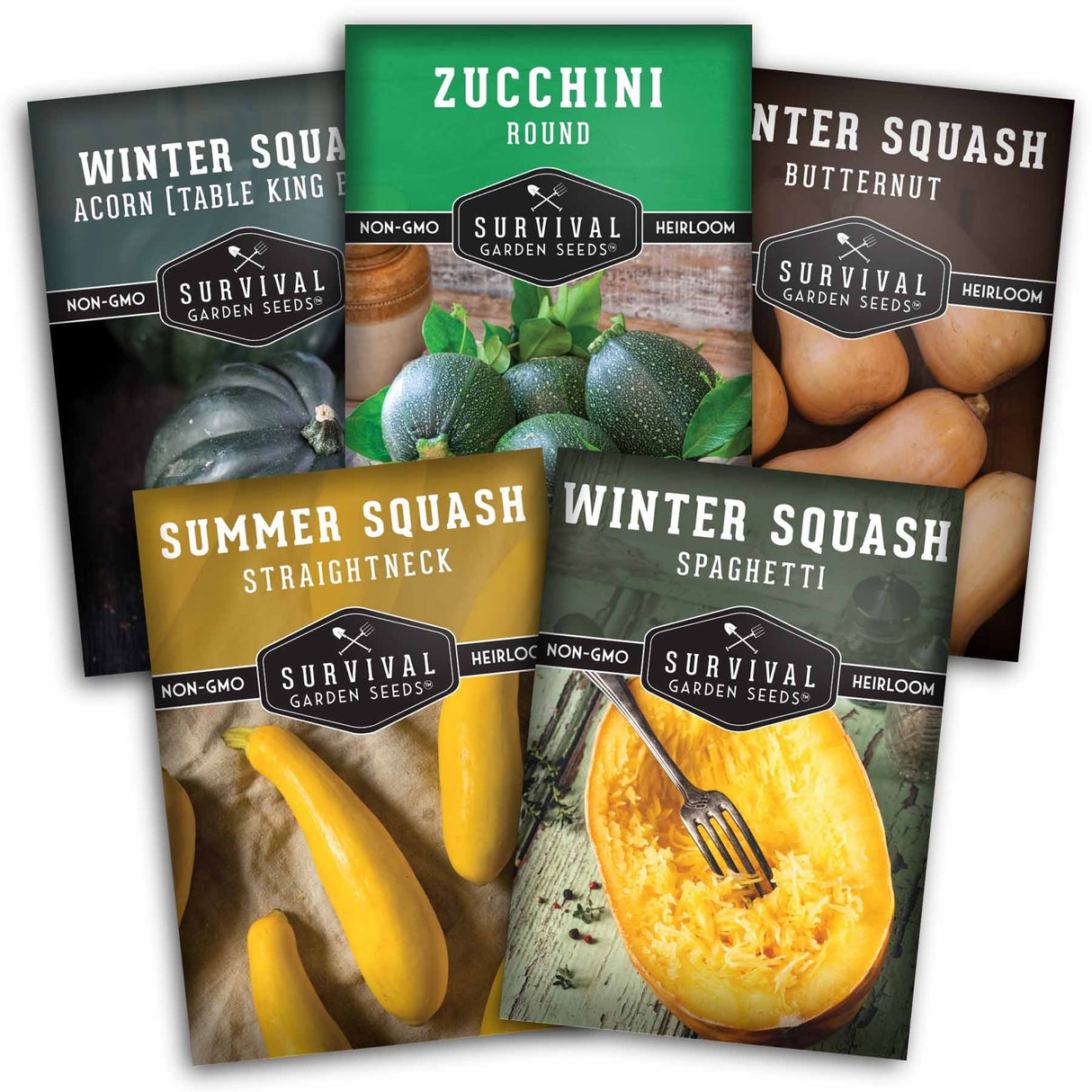Five packages of Survival Garden Seeds with images of different types of squash.