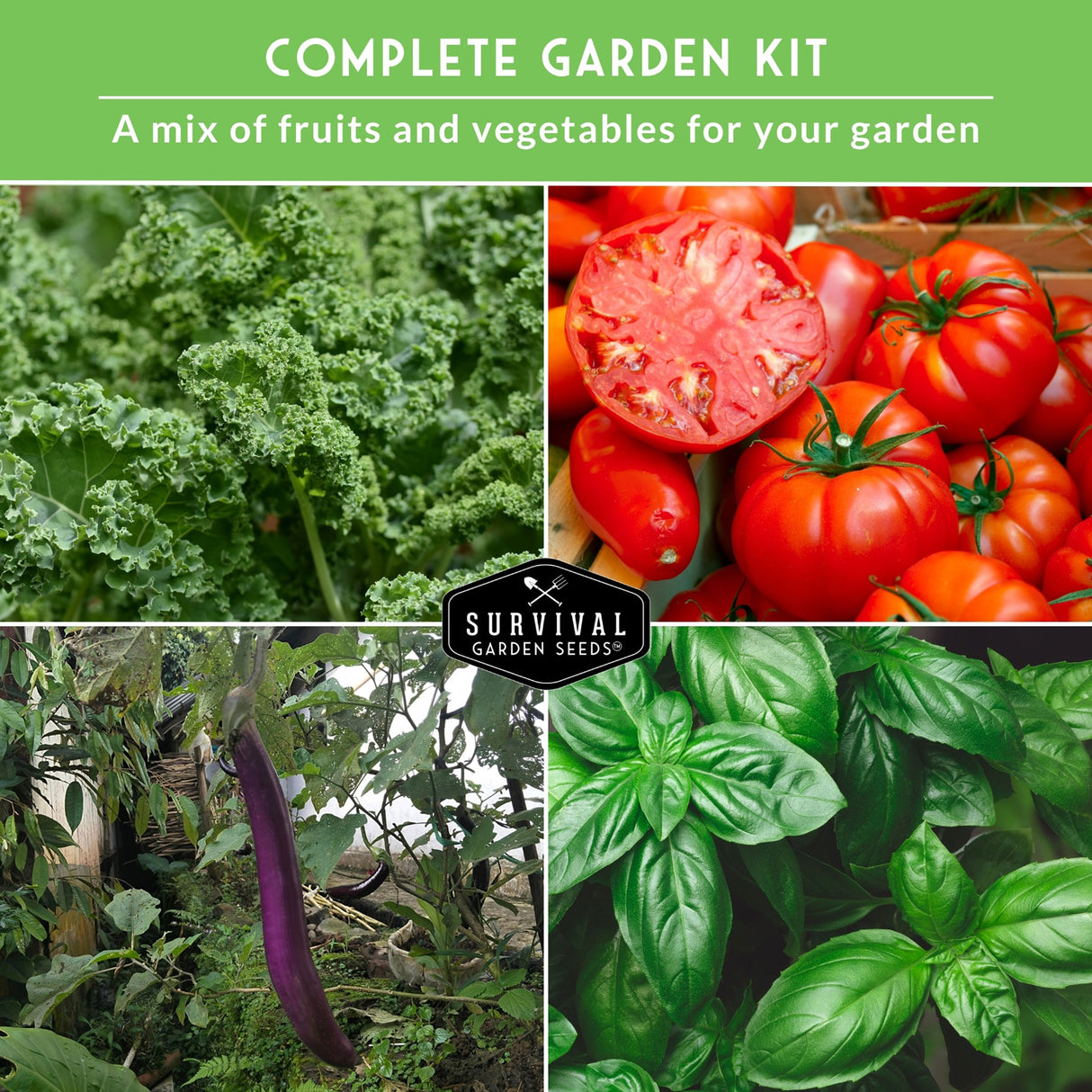Complete garden kit with fruits and vegetables including tomatoes, kale, and basil.