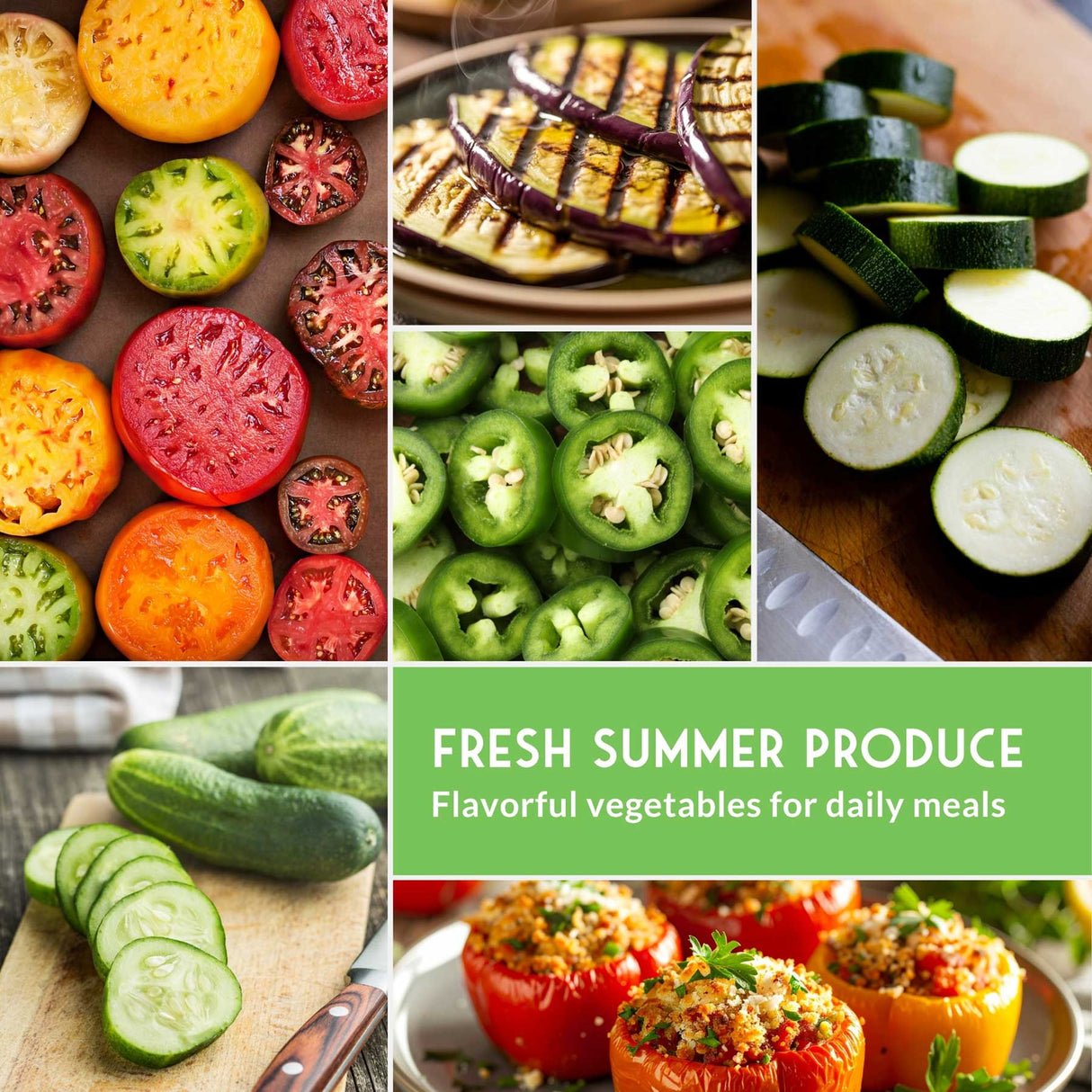 Collage of fresh summer produce including tomatoes, zucchini, and bell peppers with a green banner.