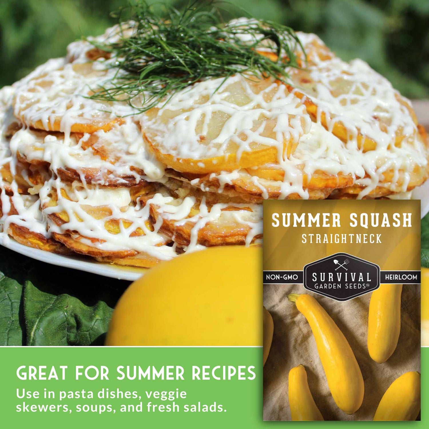 Summer squash stack with greenery on top, labeled 'Summer Squash Straightneck' from Survival Garden Seeds.