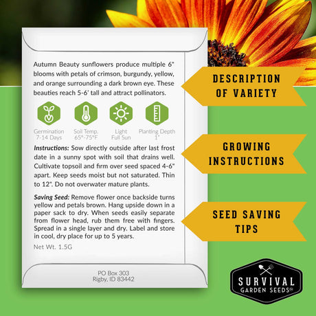 Survival Garden Seeds packaging with sunflower information on a green background