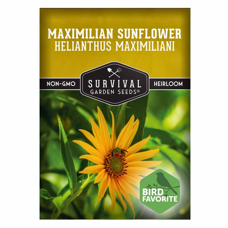 1 Survival Garden Seeds Maximilian Sunflower seed packet with a sunflower image on a green background