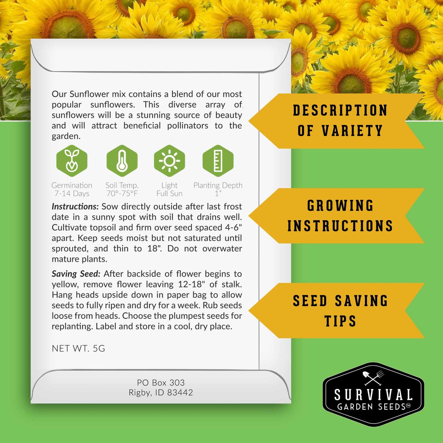 Sunflower seed packet with growing instructions and survival garden seeds logo on a green background with sunflowers.