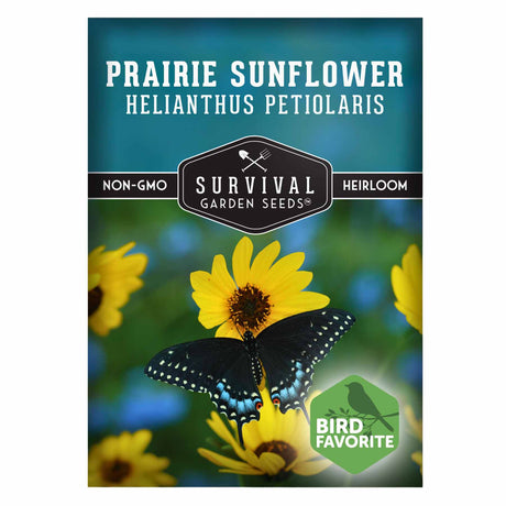 Survival Garden Seeds prairie sunflower seed packet with butterfly on a yellow flower