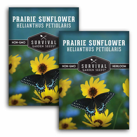 Two packages of Survival Garden Seeds Prairie Sunflower with butterfly illustration on a white background
