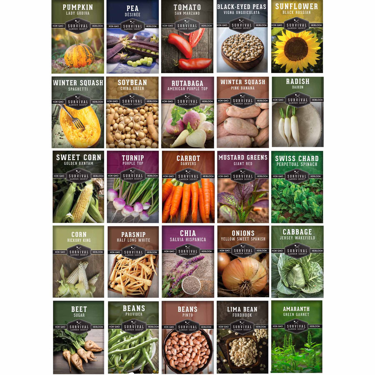25 packets of heirloom survival garden seeds