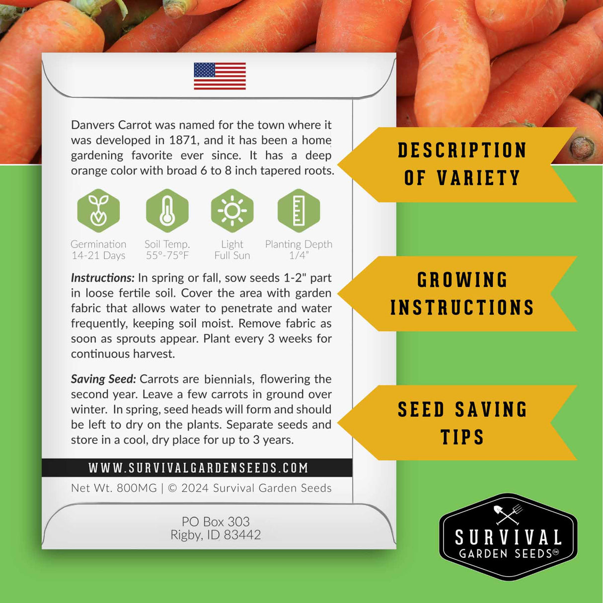 Survival Garden Seeds carrot seed packet with text and branding on a green background