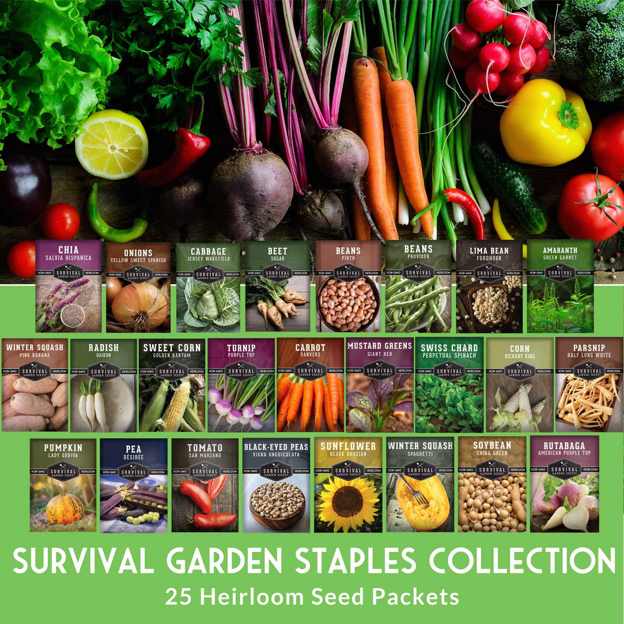 Collection of survival garden staples with seed packets displayed below on a green background.