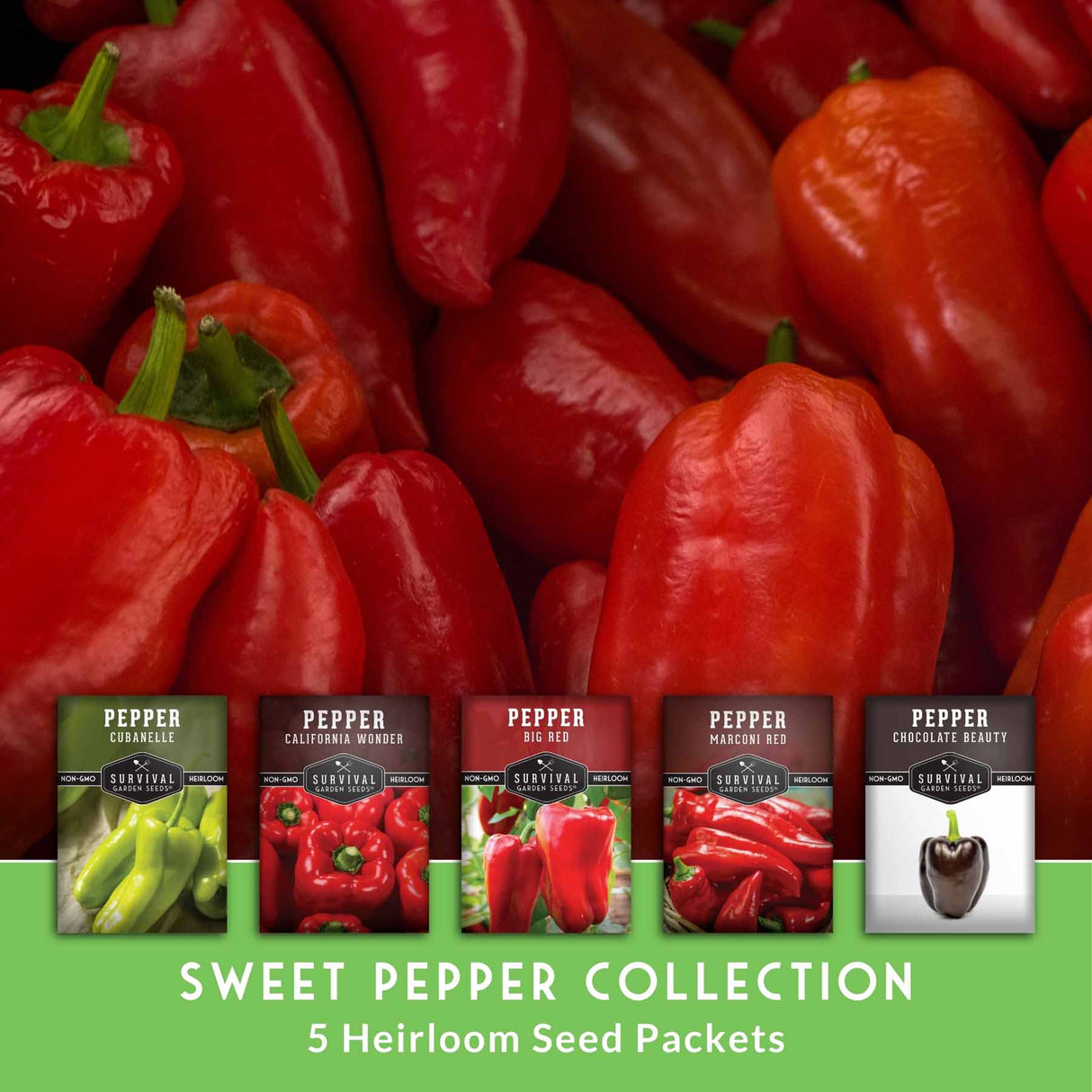 Red sweet peppers with seed packets labeled 'Sweet Pepper Collection' on a green background