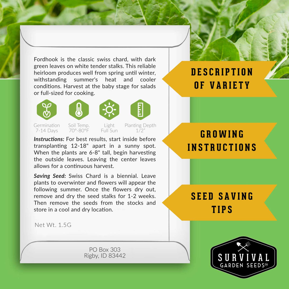 Survival Garden Seeds packaging with seed variety description, growing instructions, and seed saving tips on a green background.