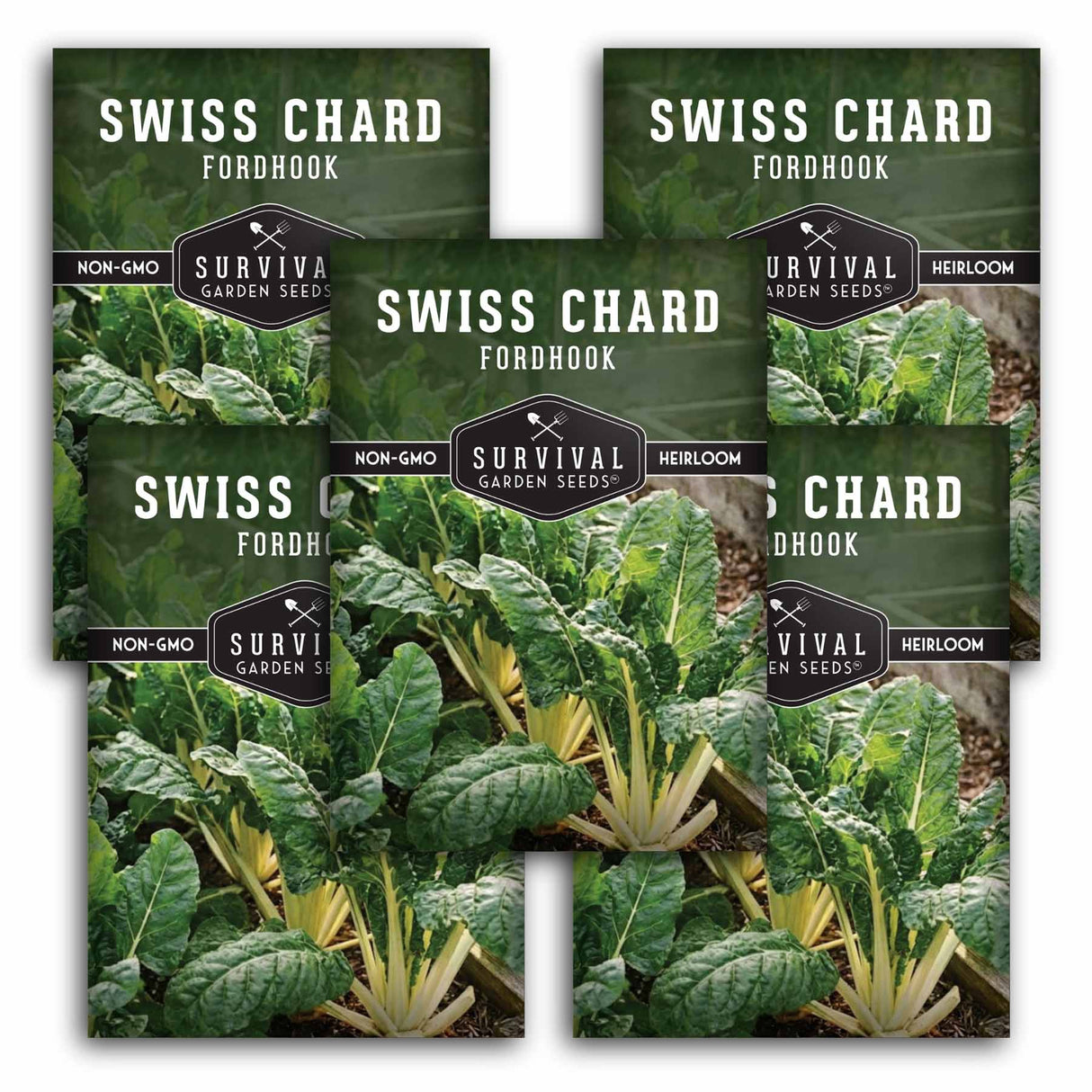 Survival Garden Seeds Swiss Chard Fordhook packages with greenery background