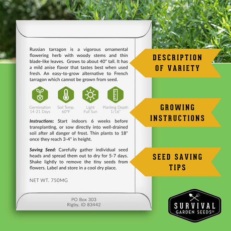 Tarragon seed packet with growing instructions and seed saving information