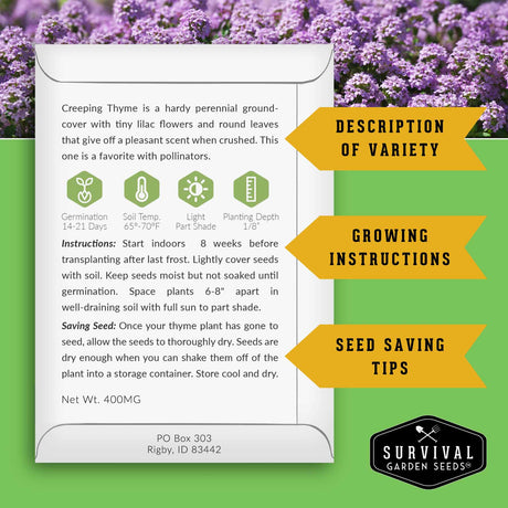 Survival Garden SeedsCreeping Thyme packet with growing instructions and seed saving tips against a purple flower background.