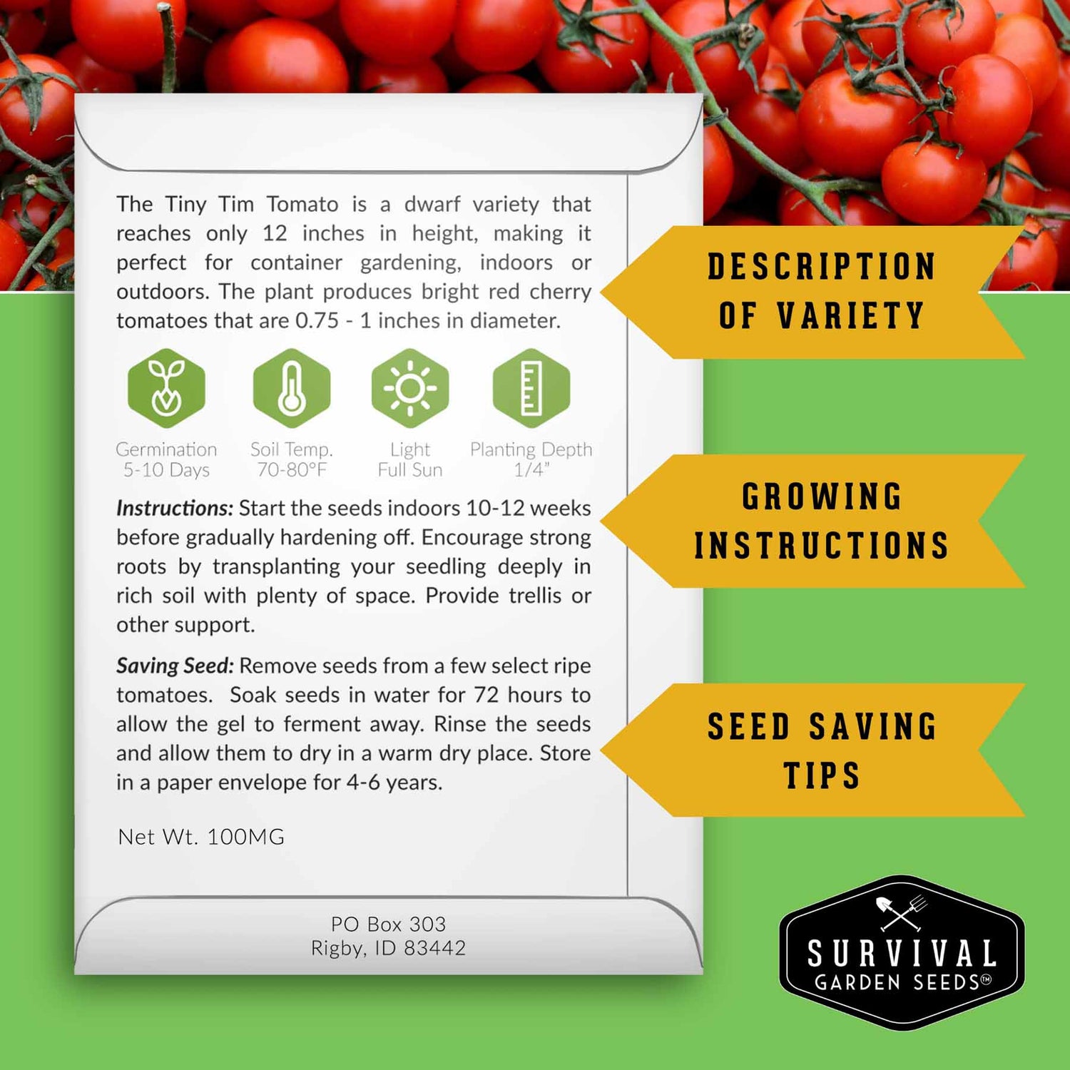 Seed packet for 'Tiny Tim Tomato' with growing instructions and seed saving tips on a green background with tomatoes.