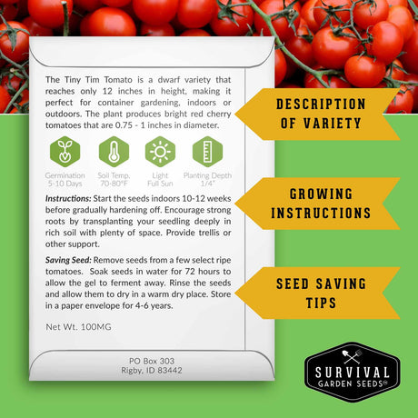 Seed packet for 'Tiny Tim Tomato' with growing instructions and seed saving tips on a green background with tomatoes.