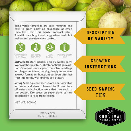 Survival Garden Seeds tomatillo seed packet with text and graphics on a green background