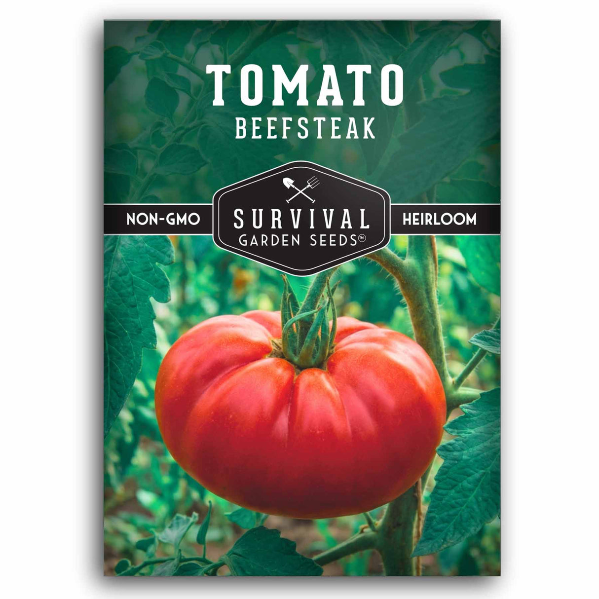 Survival Garden Seeds Tomato Beefsteak seed packet with a tomato on a green leafy background
