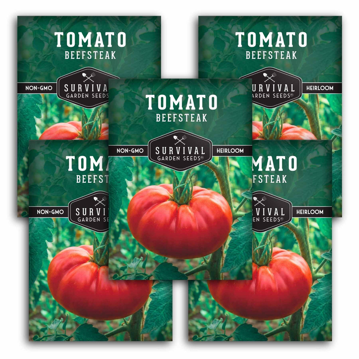 Survival Garden Seeds Tomato Beefsteak packages with images of tomatoes on a green background.