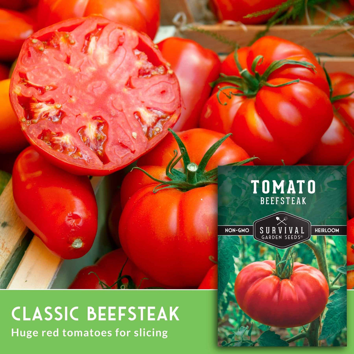 Tomatoes with a package labeled 'Tomato Beefsteak' and text about the type of tomatoes.