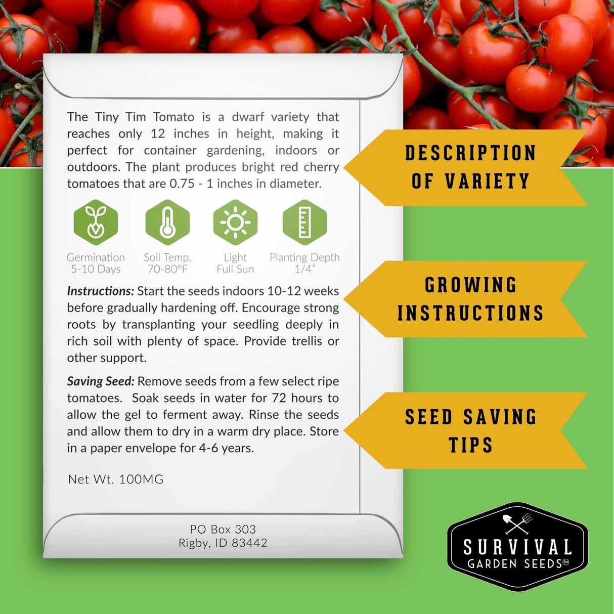 Seed packet for 'Tiny Tim Tomato' with growing instructions and seed saving tips on a green background with tomatoes.